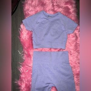 Casual two piece purple outfit.